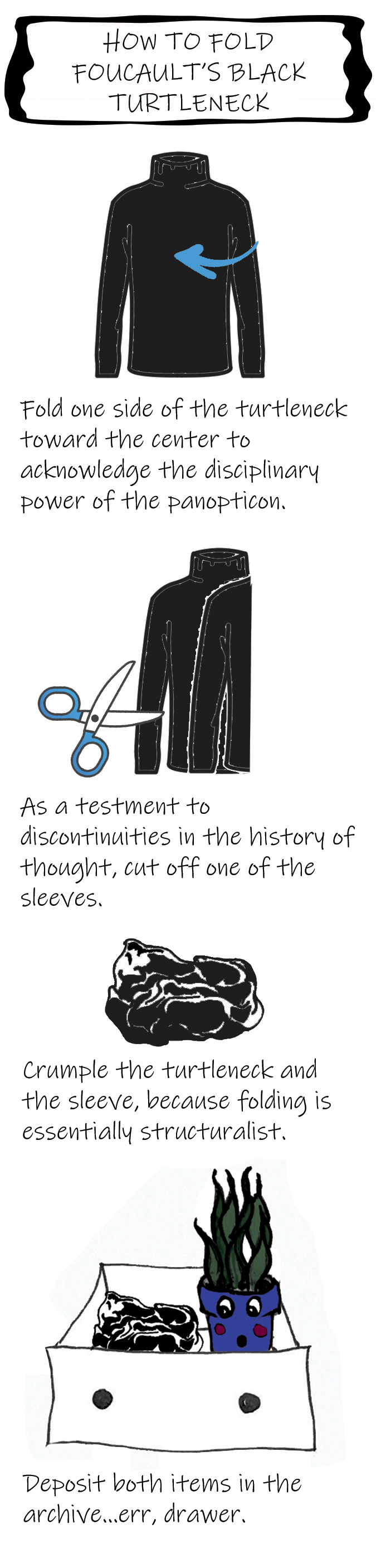 The four steps to folding Foucault's black turtleneck: 1) (an arrow points from the sleeve of a silhouette of a turtle neck to its center) Fold one side of the turtleneck toward the center to acknowledge the disciplinary power of the panopticon. 2) (a pair of scissors is about to but off on of the sleeves of the folded shirt) As a testament to discontinuities in the history of thought, cut off one of the sleeves. 3) (the shirt is not balled up) Crumple up the turtleneck and the sleeve, because folding is essentially structuralist. 4) (a dresser drawer contains the crumpled up shirt and an anthropomorphized potted house plant, which looks surprised with its eyes directed at the shirt.