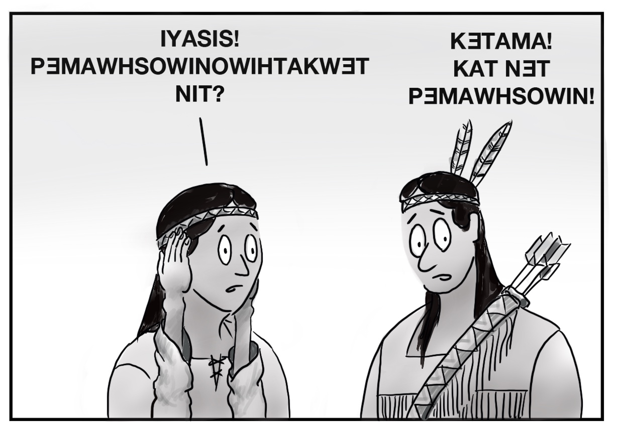This image depicts the two native individuals from the front, their eyes wide and looking concerned, the person on the left with their hands up against the sides of their face. The person on the left says “IYASIS! PƎMAWHSOWINOWIHTAKWƎT NIT?” and the other says “KƎTAMA! KAT NƎT PƎMAWHSOWIN!”
