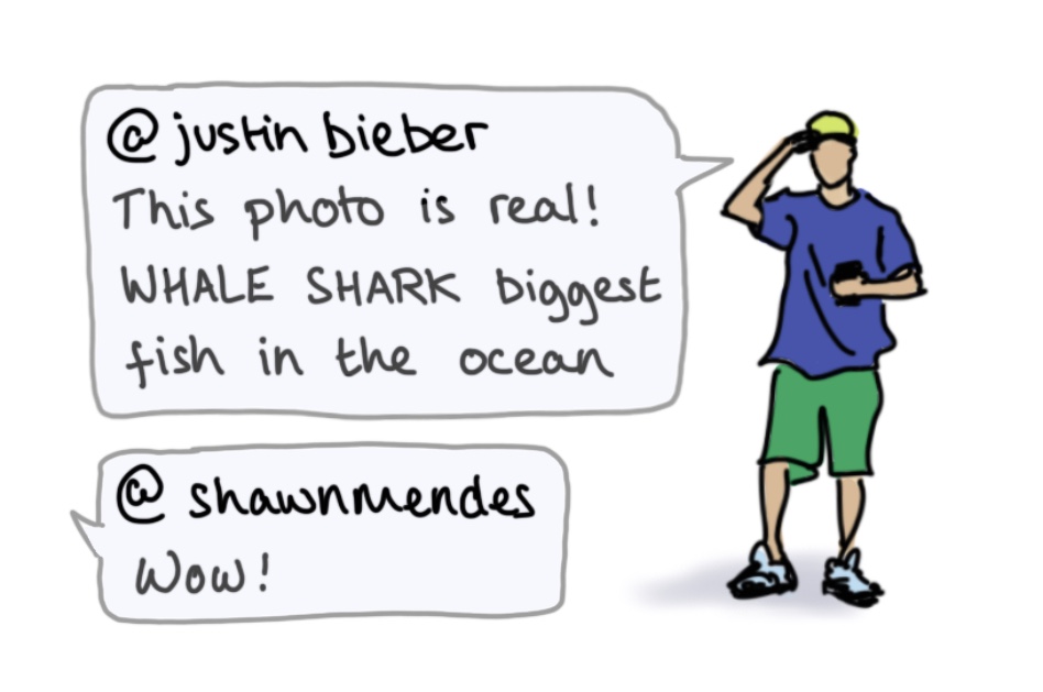Cartoon illustration of Justin Bieber with text from Bieber’s Instagram account.