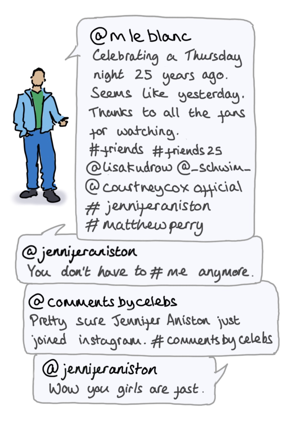 Cartoon illustration of Matt LeBlanc with text from LeBlanc’s Instagram account.