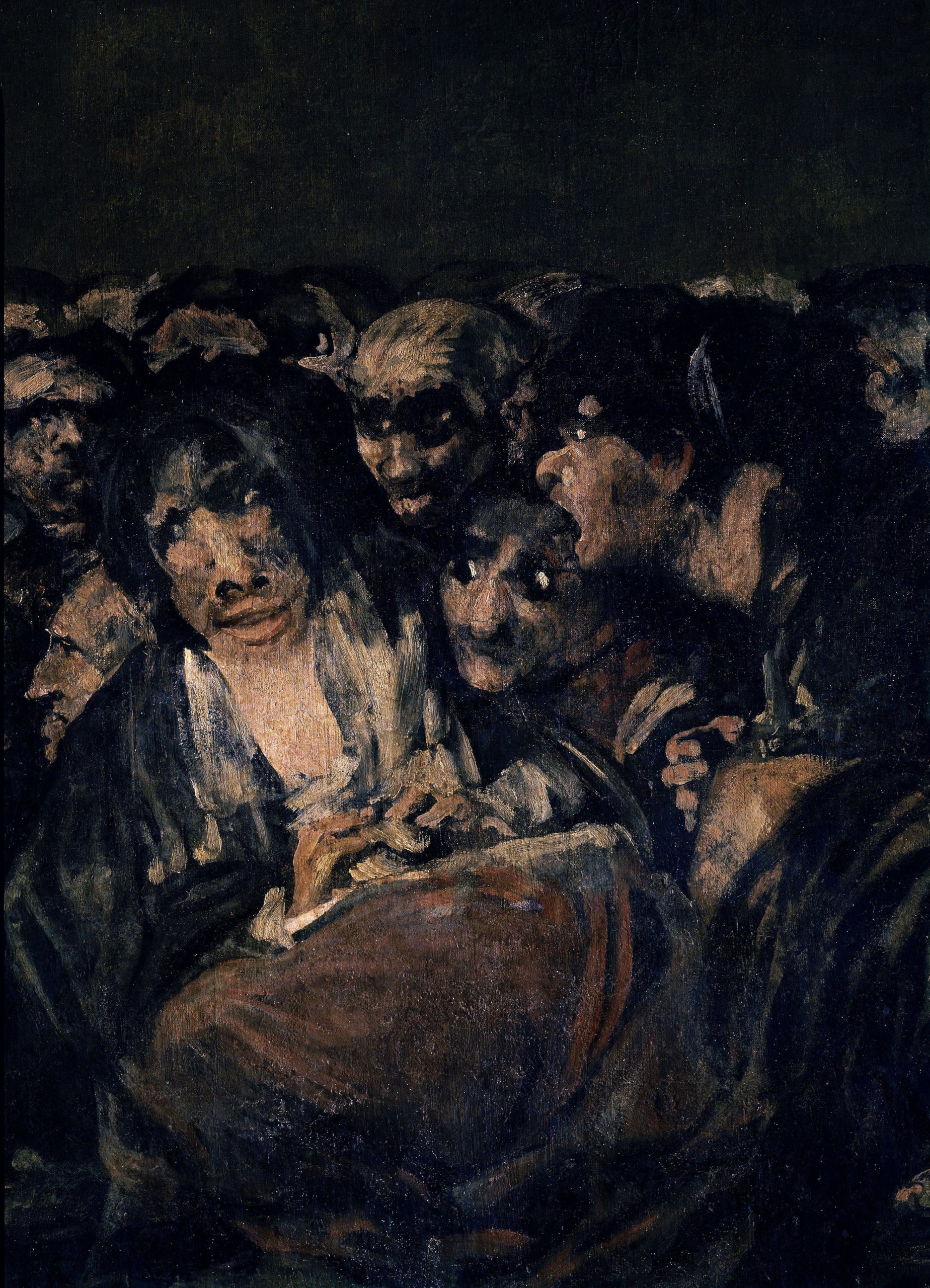 An oil painting depicting a crowd of human faces. 