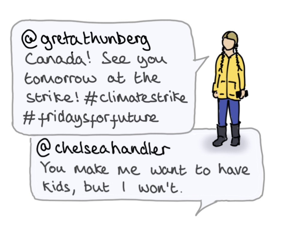 Cartoon illustration of Greta Thunberg with text from Thunberg’s Instagram account.