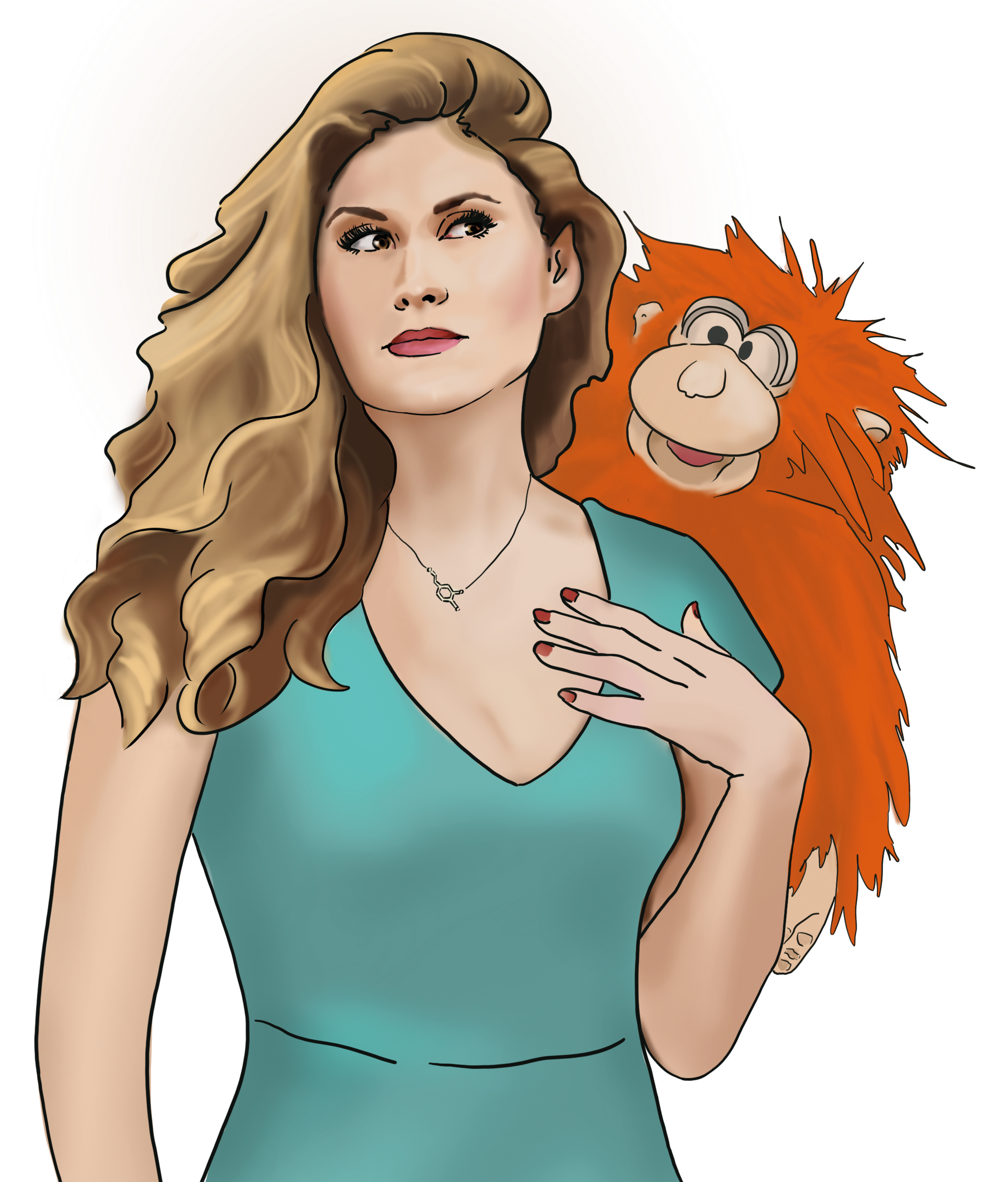 Drawing of a woman with an orangutan puppet