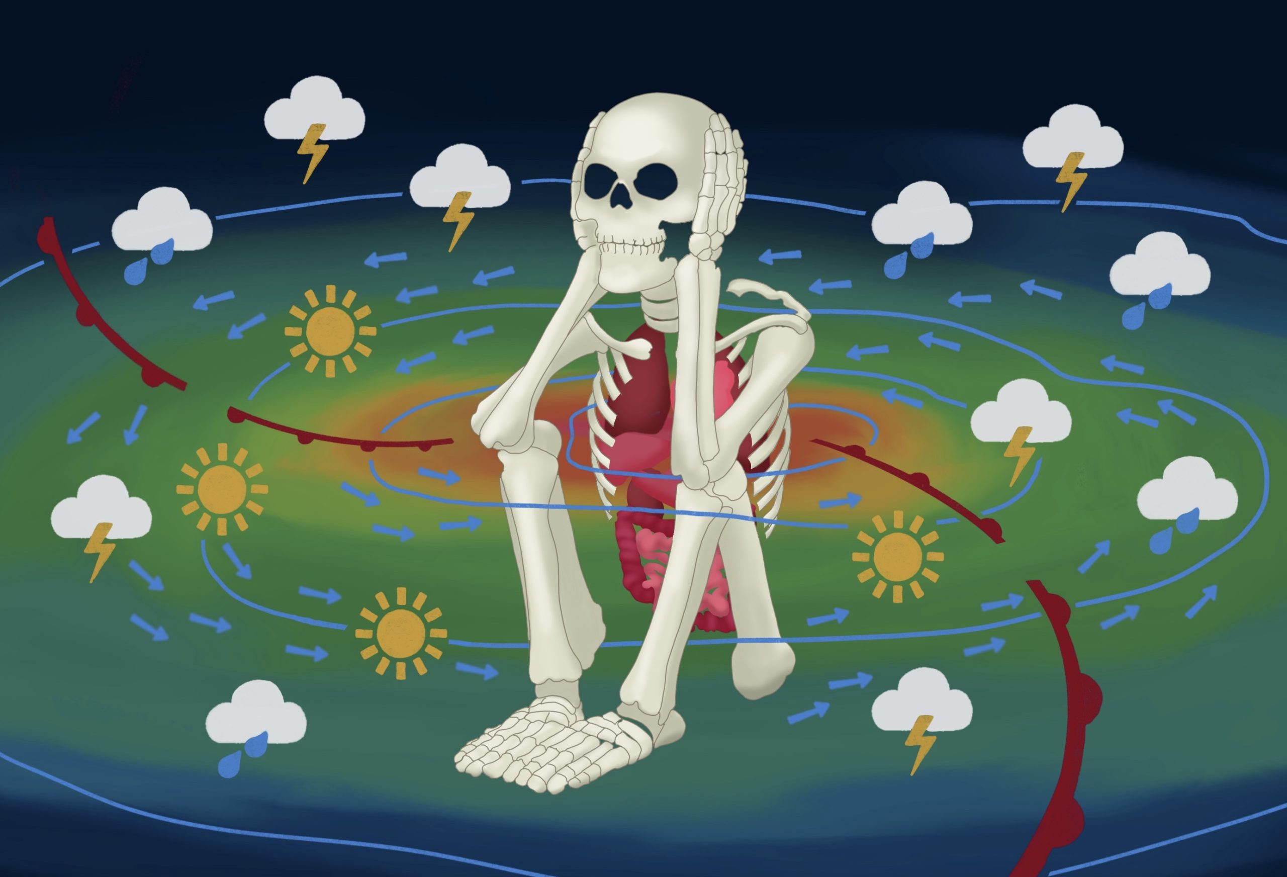 Illustration of a skeleton sitting among weather symbols.