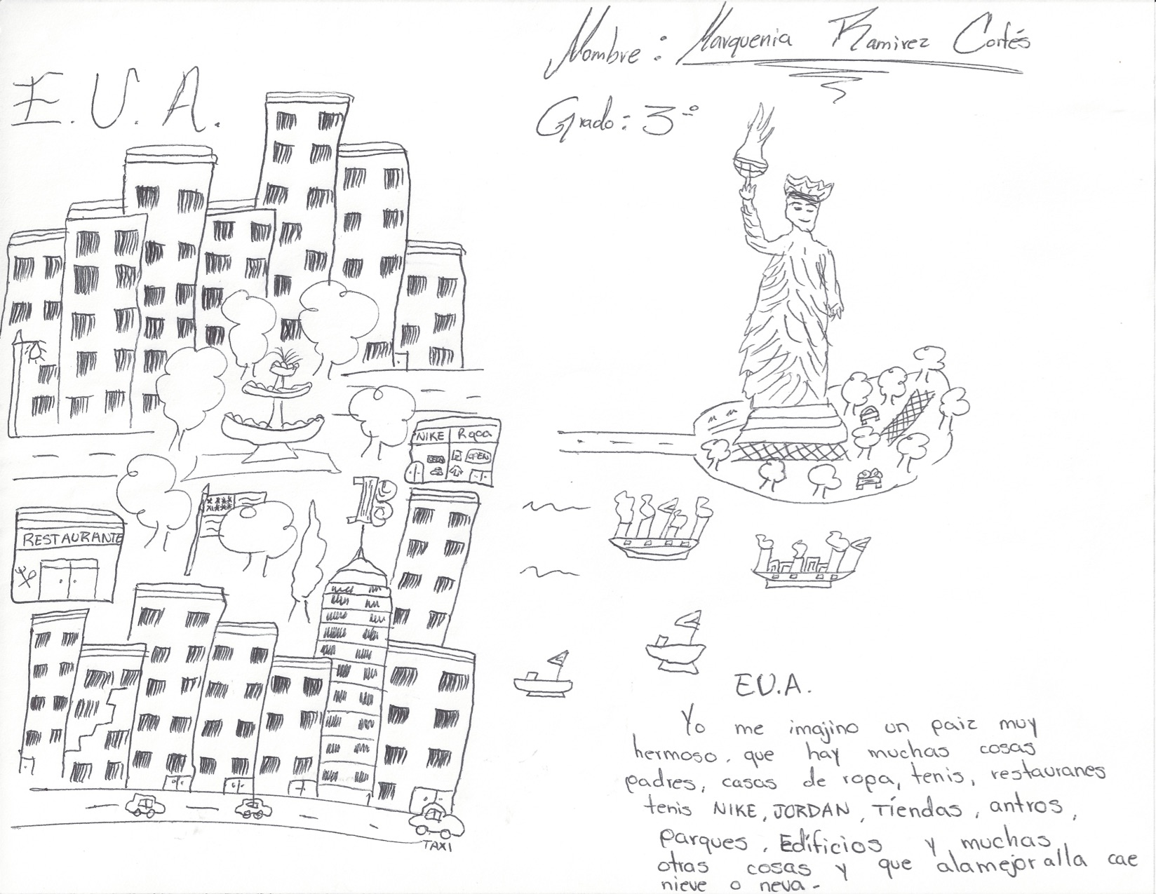 A drawing by a child of what she imagines New York City to look like.