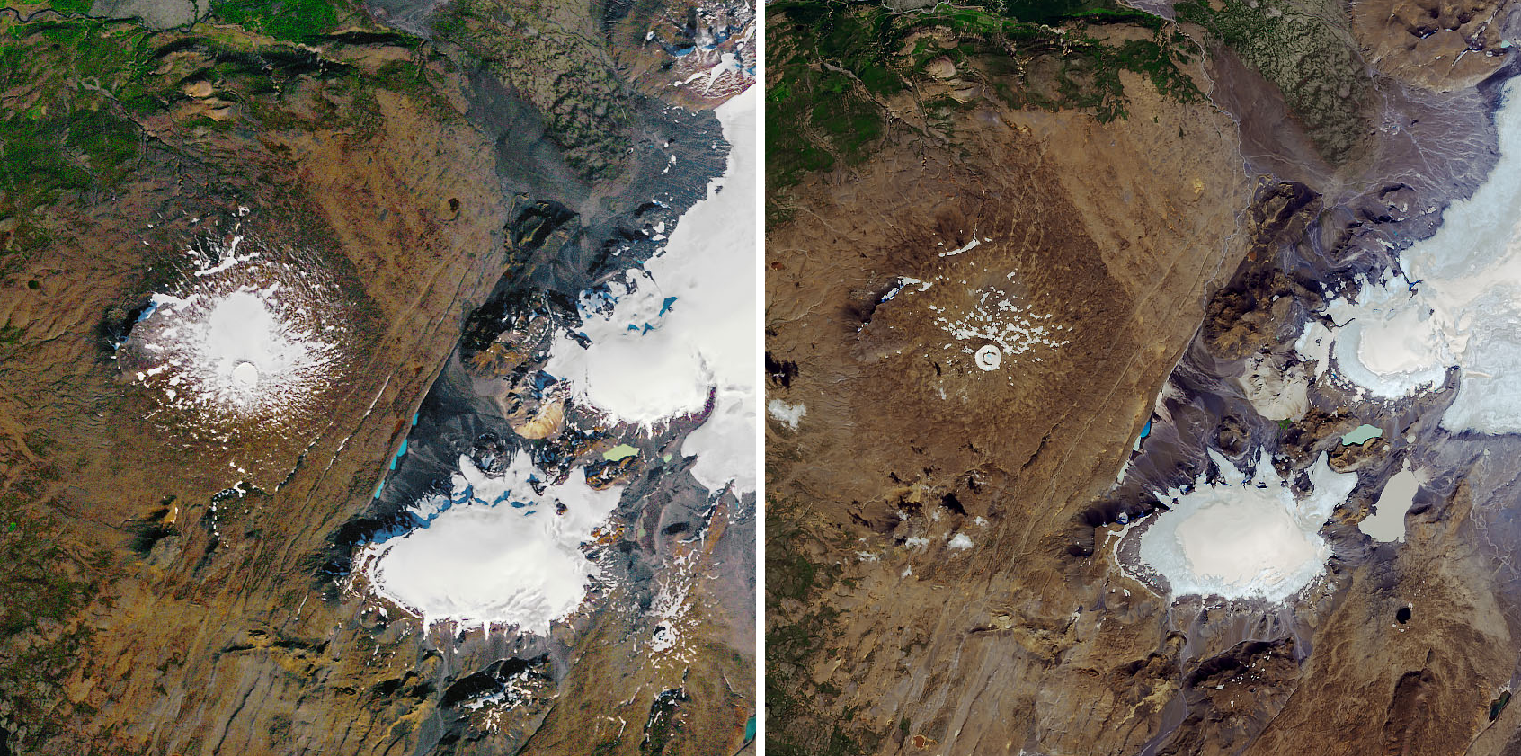 Side by side comparison of aerial photos of the glacier from 1986 and 2014.
