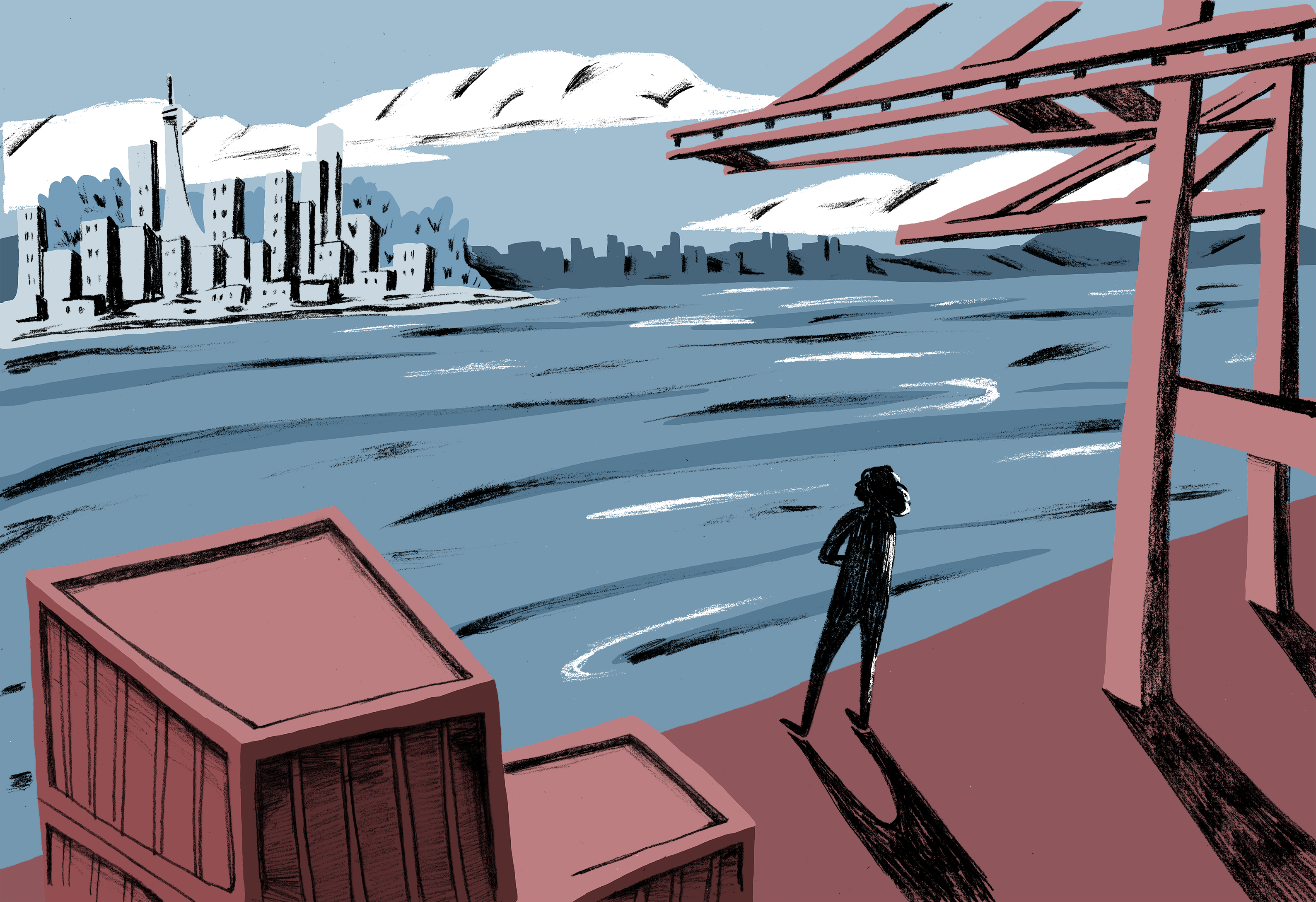 Illustration of someone looking out over a river at a city.
