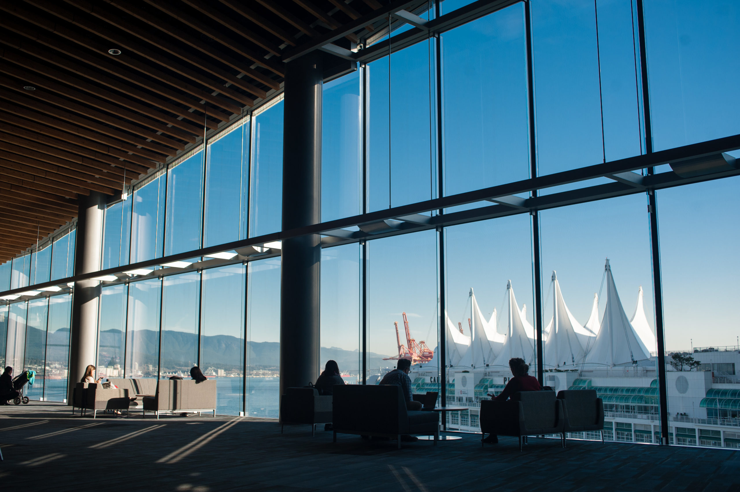Photo from inside of the Vancouver Convention Center of the outside view through its windows.