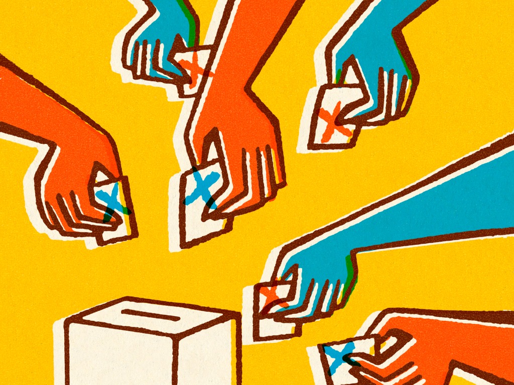Illustration of hands reaching out to place pieces of paper into a ballot box.