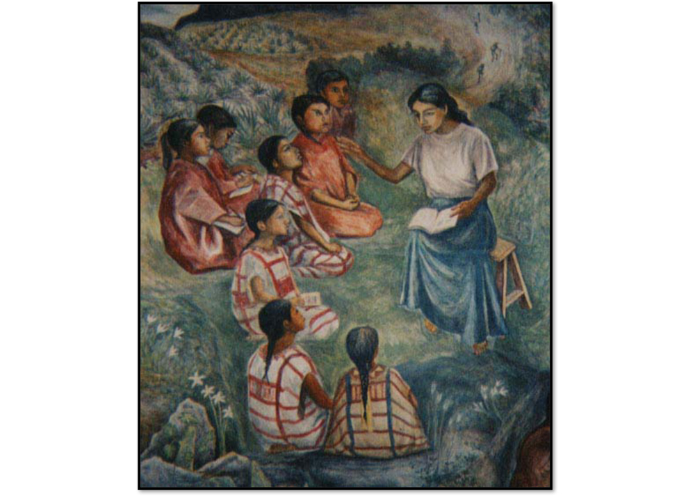 A painting of a teacher with her students.