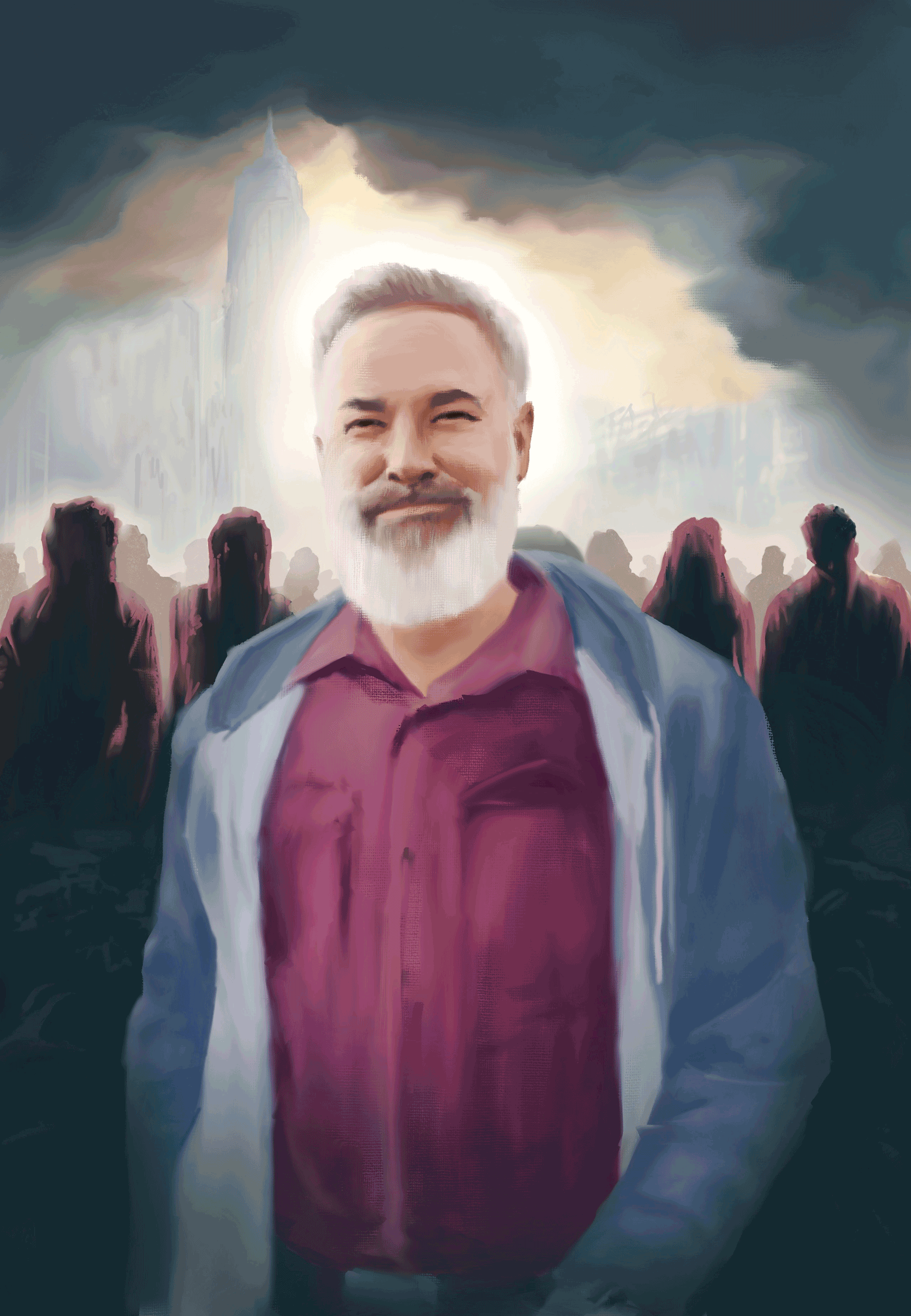 Painting of one person in a crowd