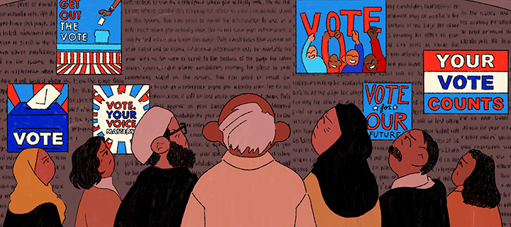 Illustration of people looking at a wall of vote signs.