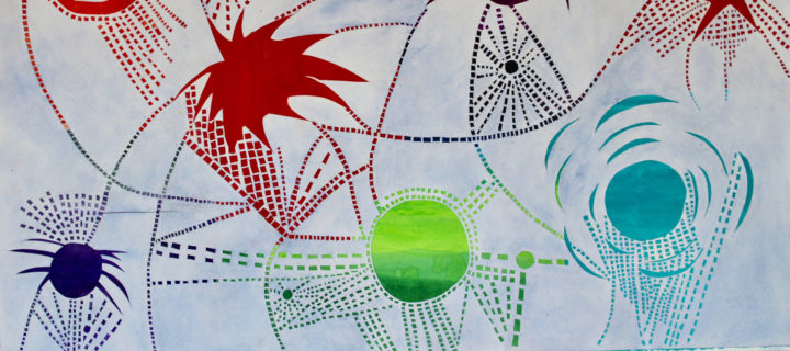 A large colorful painting and cutouts in red, green, blue, navy, and black. Colorful orbs and jagged, spiky shapes are connected by rows and grids of small blocks, some straight, some curving across the work.