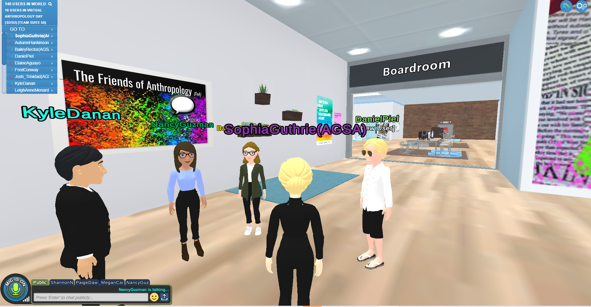 Screenshot of a virtual space including various human-shaped avatars