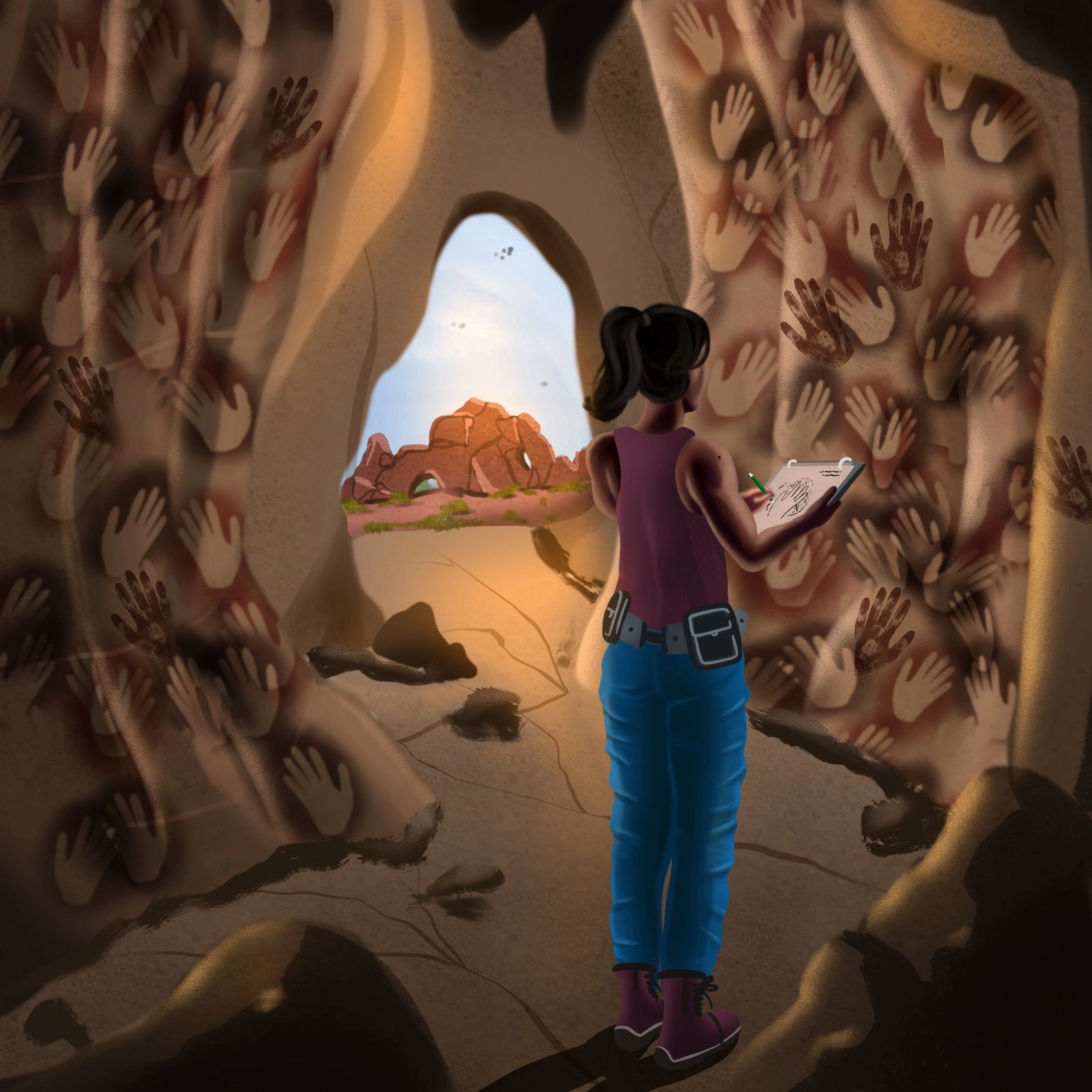 An illustration of a person sketching hand stencils in a cave